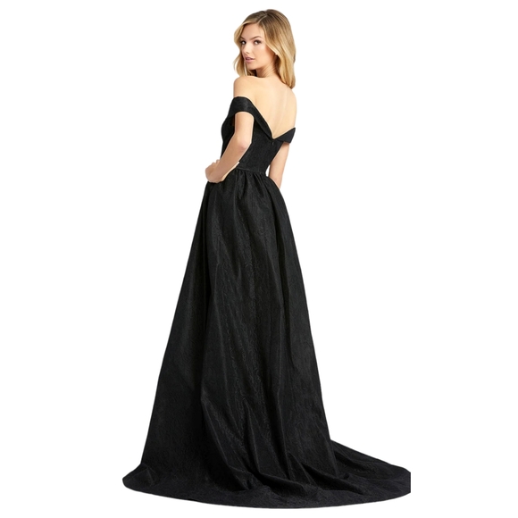 MAC DUGGAL Black Off Shoulder Lace Overlay Train Gown Womens Size 4 - Picture 2 of 11